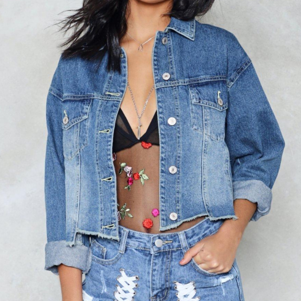 Distressed Raw Hem Denim Jacket